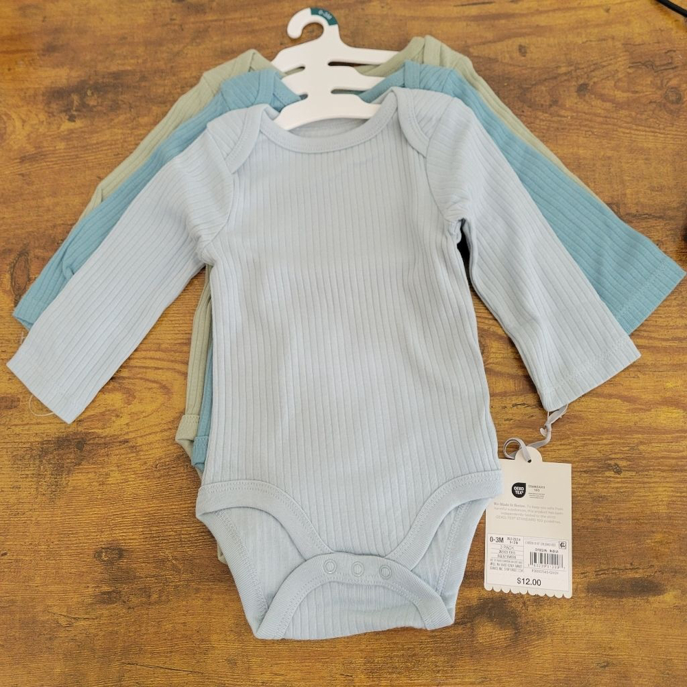 Baby Cloud Island 0-3 M Long-Sleeve Bodysuits Blue Green 3-Pack NWT